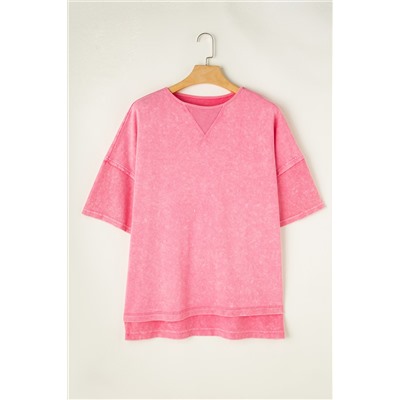 Strawberry Pink Mineral Wash Drop Sleeve Patchwork Plus Tee