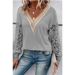 Gray Lace Splicing V Neck Puff Sleeve Top