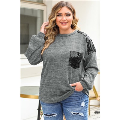 Gray Sequin Patchwork Long Sleeve Plus Size Top