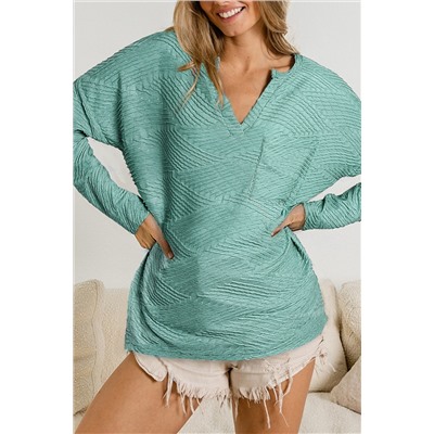 Green Textured Split Neck Long Sleeve Top