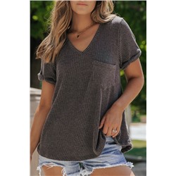 Carbon Grey Twist Short Sleeve Corded V Neck Top