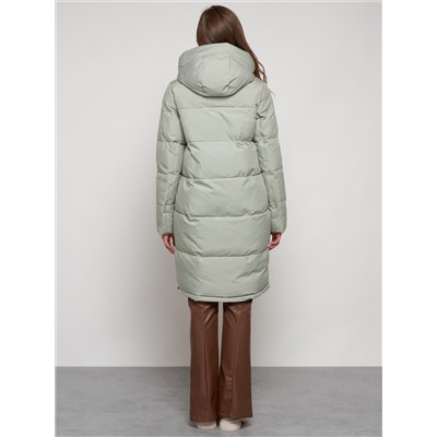 Пальто утепленное с капюшоном зимнее женское светло-зеленого цвета 133208ZS