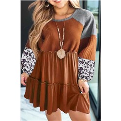 Gold Flame Plus Size Waffle Leopard Long Sleeve Ruffle Mini Dress