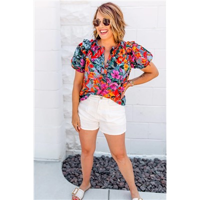 Multicolour Floral Print Ruffle Trim Bubble Sleeve Split Neck Blouse