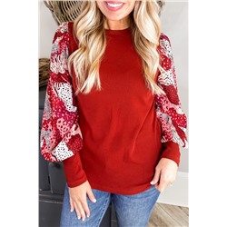 Fiery Red Contrast Mixed Animal Print Lantern Sleeve Patchwork Top