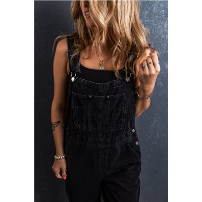 Black Adjustable Buckle Straps Multi Pocket Denim Overalls