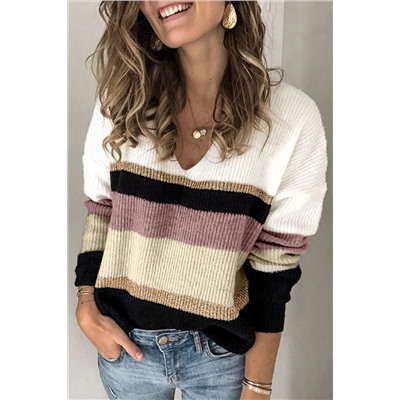 Коричнево-белый свитер с разноцветными полосами и V-образным вырезом