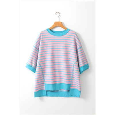 Pink Stripe Oversized Contrast Trim Exposed Seam High Low T Shirt