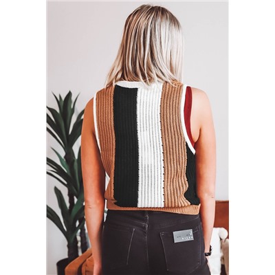 Khaki Stripe Color Block Sleeveless Knitted Sweater Vest