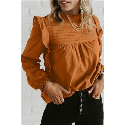 Camel Solid Color Stand Neck Ruffled Puff Sleeve Blouse