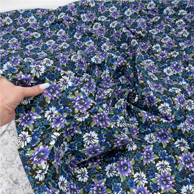 Ткань на отрез фланель 150 см Фиолетовые цветы на синем