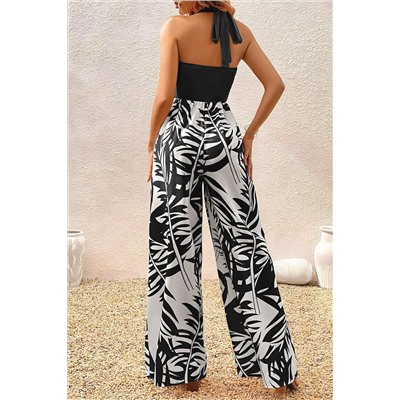 Black Halter Tropical Plant Print Wide Leg Jumpsuit