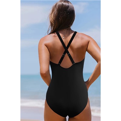 Black V Neck Twist Ruched Crisscross Backless One-Piece Swimsuit