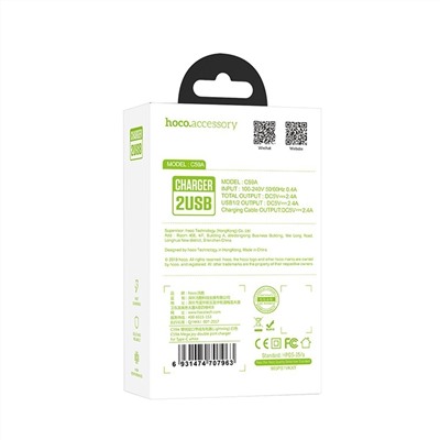 Адаптер Сетевой с кабелем Hoco C59A Mega Joy 2USB 2,4A/10W (USB/Type-C) (white)