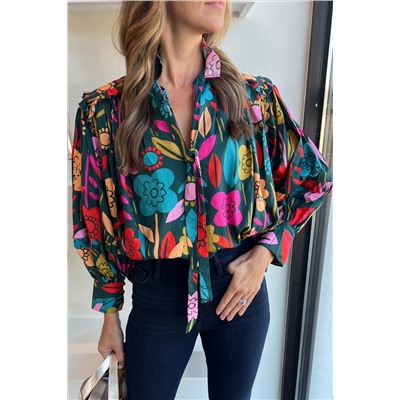 Green Floral Knot Split Neck Puff Sleeve Blouse