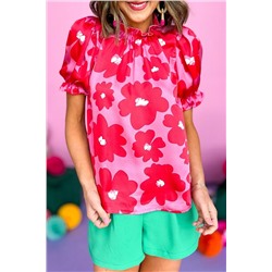 Rose Floral Puff Sleeve Frill Neckline Blouse