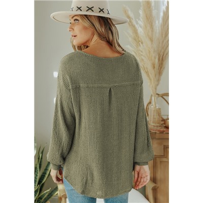 Green Waffle Knit Split Neck Pocketed Loose Top