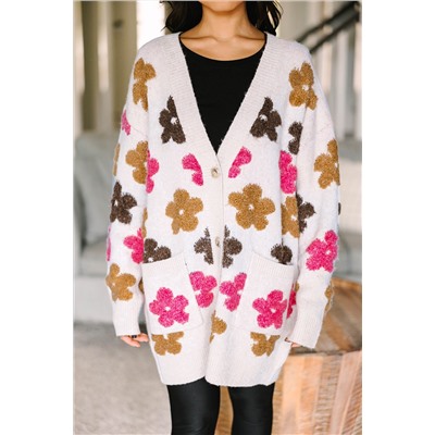 White Flower Pattern Pocket Buttoned Cardigan