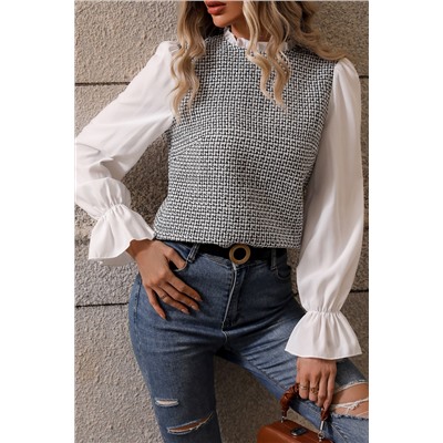 Black Frill Neck Contrast Flounce Sleeve Tweed Top