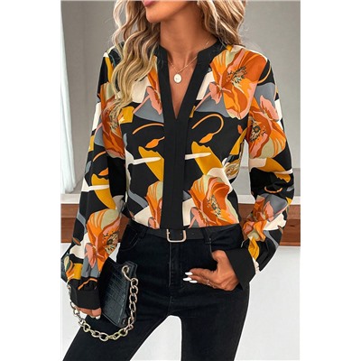 Multicolour Floral Print Split V Neck Blouse