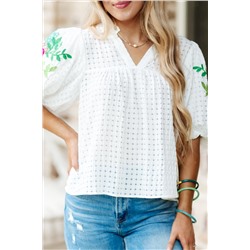 White Floral Embroidered Puff Sleeve Notched Neck Blouse