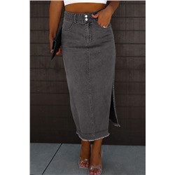 Black Raw Edge Side Slits Buttoned Midi Denim Skirt