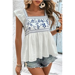 White Embroidered Bust Square Neck Peplum Blouse