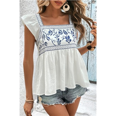 White Embroidered Bust Square Neck Peplum Blouse