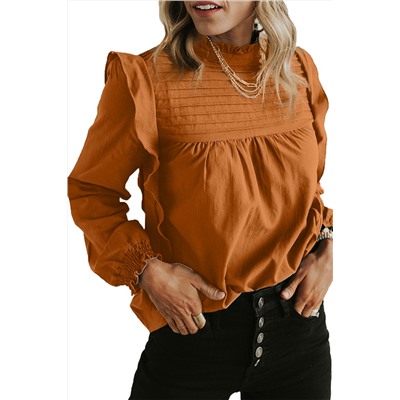 Camel Solid Color Stand Neck Ruffled Puff Sleeve Blouse