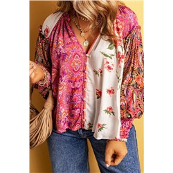 Pink Multicolor Floral Patchwork Shirred Cuffs Buttoned Blouse