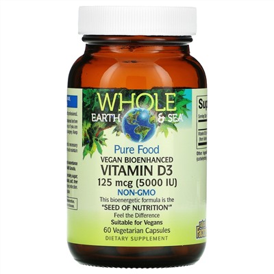 Natural Factors, Whole Earth & Sea, Vegan Bioenhanced Vitamin D3, 5,000 IU, 60 Vegetarian Capsules