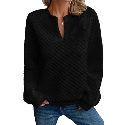 Black Split Neck Quilted Long Sleeve Top