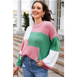 Pink Colorblock Drop Shoulder Bell Sleeve Sweater