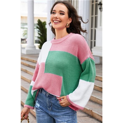 Pink Colorblock Drop Shoulder Bell Sleeve Sweater