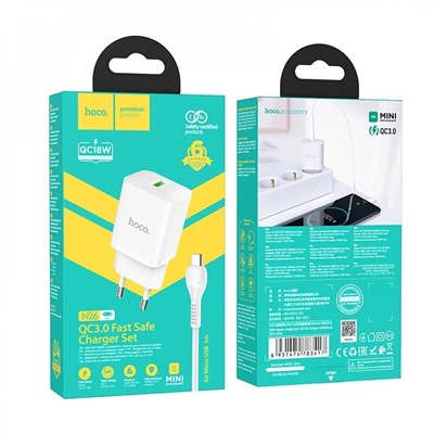 Адаптер Сетевой с кабелем Hoco N26 Maxim QC3.0 USB 18W (USB/Micro USB) (white)