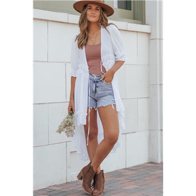 White Half Sleeve Ruffled High Low Kimono