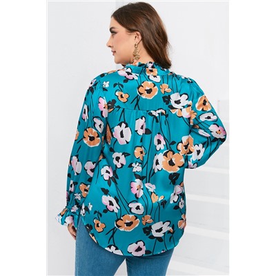 Sky Blue Floral Print V Neck Plus Size Blouse