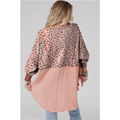 Pink Raw Edge Leopard Patchwork Oversized Blouse