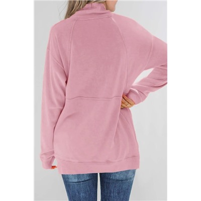Розовый пуловер-свитшот с карманами и воротником на молнии