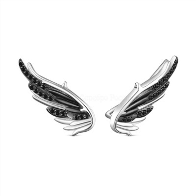 Серьги из серебра с натуральной чёрной шпинелью родированные - Крылья