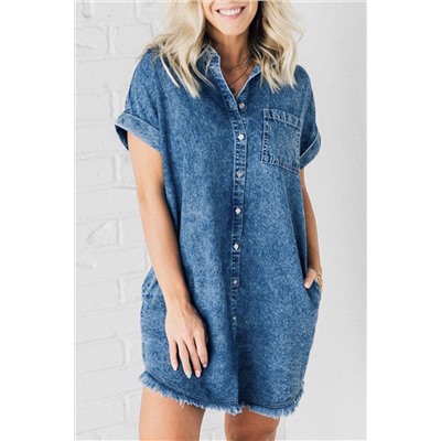 Blue Mineral Wash Cuffed Sleeve Frayed Hem Denim Dress