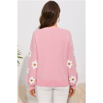 Pink Floral Pattern Drop Shoulder Sweater