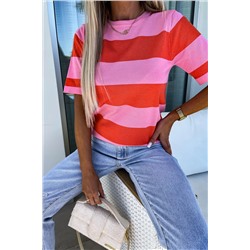 Bright Pink Colorblock Striped Knitted T shirt