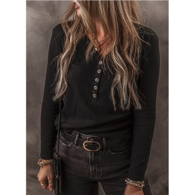 Black Buttoned V Neck Long Sleeve Ribbed Top