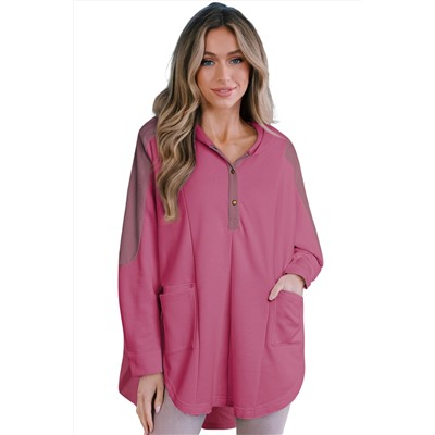 Rose Patchwork Side Pockets Oversized Henley Hoodie