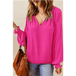 Rose Pleated V Neck Puffy Sleeve Blouse