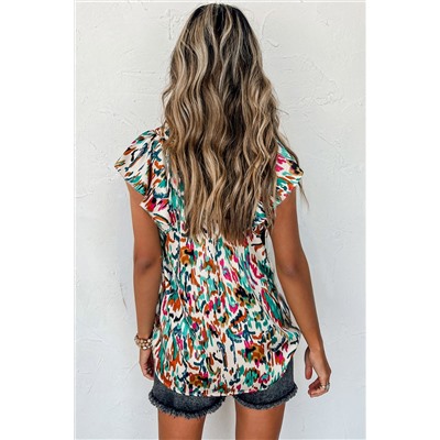 Green Abstract Print Split Neck Ruffle Sleeve Blouse