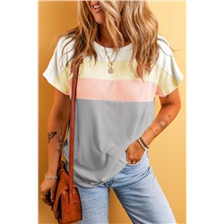 Gray Ribbed Color Block Patchwork T-shirt