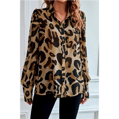 Leopard Bishop Sleeve Button up Turn Down Collar Shirt