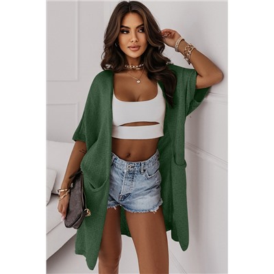 Green Dolman Half Sleeve Pocketed Long Cardigan